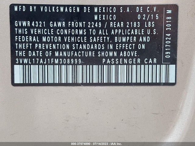 3VWL17AJ1FM308999 Volkswagen Jetta Sedan 1.8t Sel