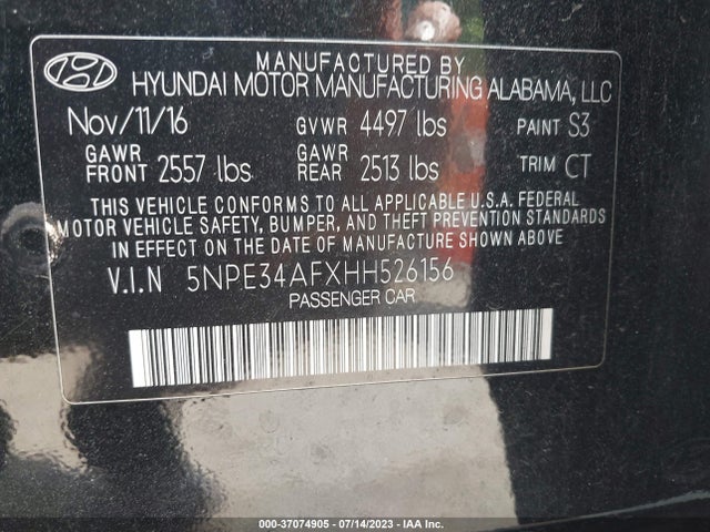 2017 HYUNDAI SONATA SPORT VIN: 5NPE34AFXHH526156