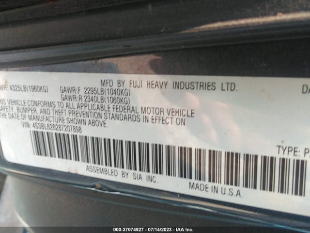 2008 SUBARU LEGACY LTD VIN: 4S3BL626287207898