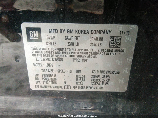 Chevrolet Trax Fwd Ls 2020 KL7CJKSB3LB055875 Image 9