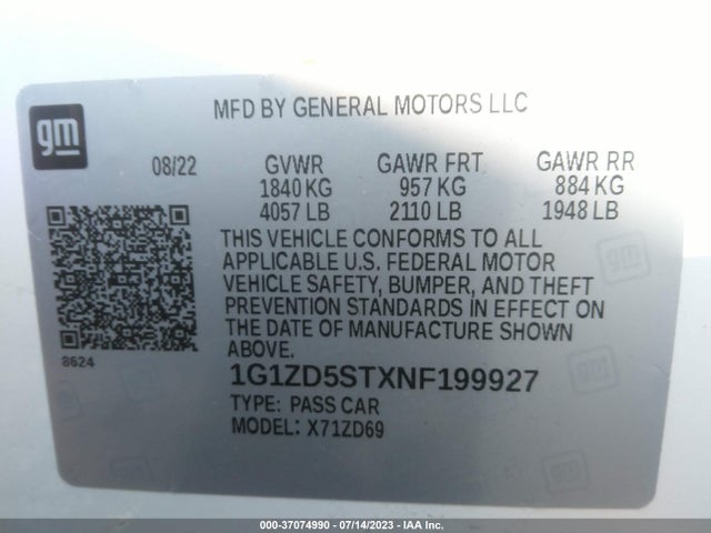 2022 CHEVROLET MALIBU LT VIN: 1G1ZD5STXNF199927