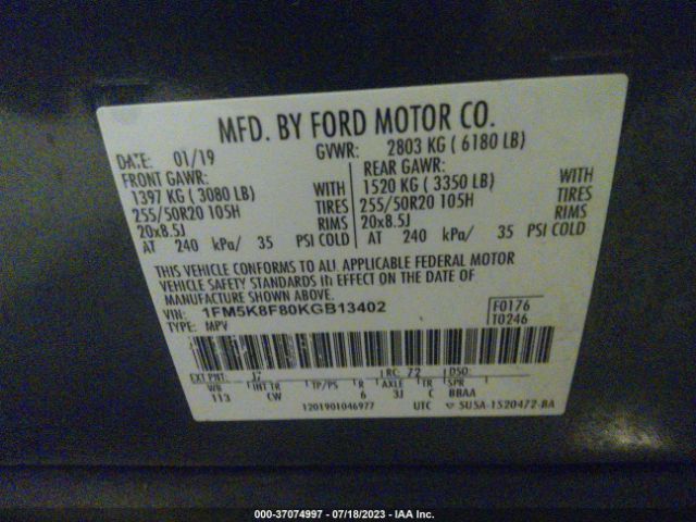 1FM5K8F80KGB13402 Ford Explorer Limited