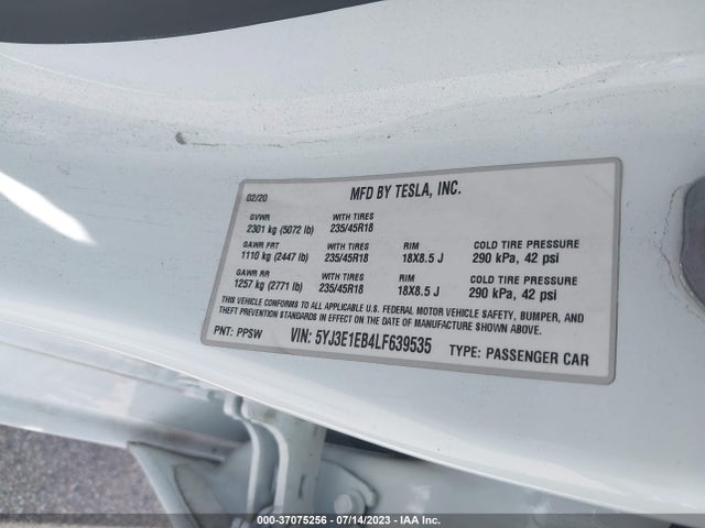 2020 Tesla 3, VIN: 5YJ3E1EB4LF639535