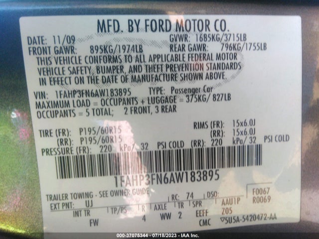 2010 FORD FOCUS SE VIN: 1FAHP3FN6AW183895