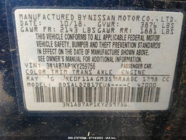 3N1AB7AP1KY259756 Nissan SENTRA SV