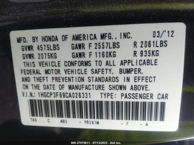 2012 HONDA ACCORD SDN EX-L VIN: 1HGCP3F89CA026331