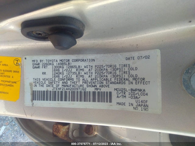 2002 TOYOTA HIGHLANDER VIN: JTEHF21AX20097162