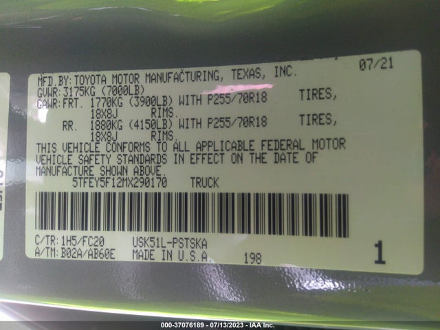 2021 Toyota Tundra, VIN: 5TFEY5F12MX290170