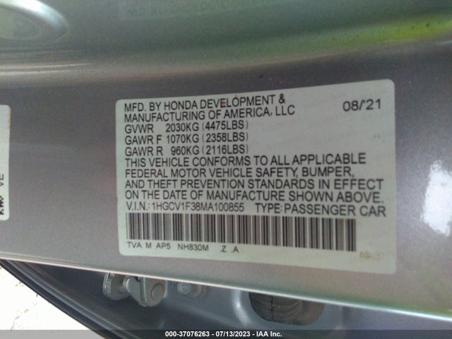 2021 HONDA ACCORD SEDAN SPORT VIN: 1HGCV1F38MA100855
