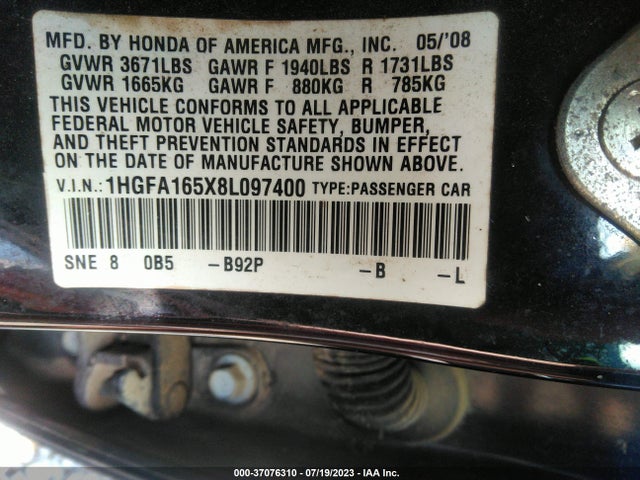 2008 HONDA CIVIC SDN LX VIN: 1HGFA165X8L097400