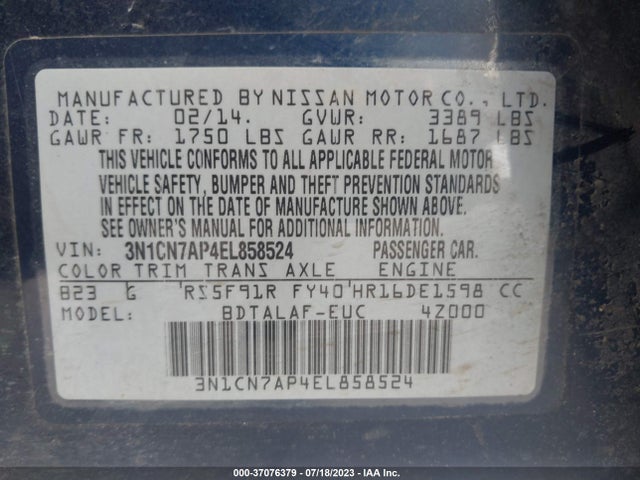 Nissan VERSA S 2014 3N1CN7AP4EL858524 Image 9