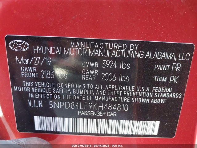 Hyundai ELANTRA SEL 2019 5NPD84LF9KH484810 Image 9