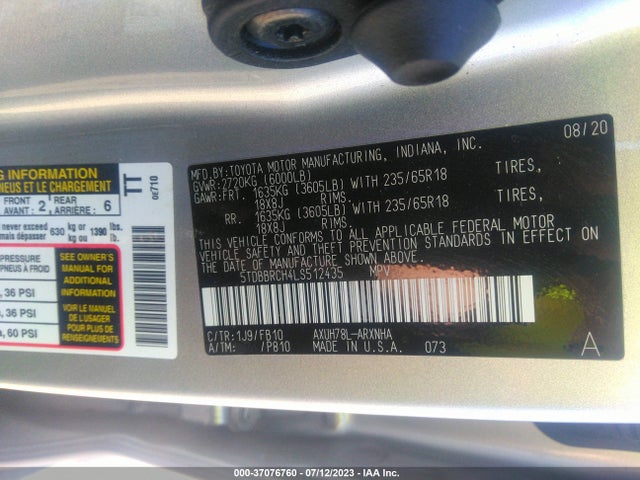 Toyota Highlander Hybrid Le 2020 5TDBBRCH4LS512435 Image 9
