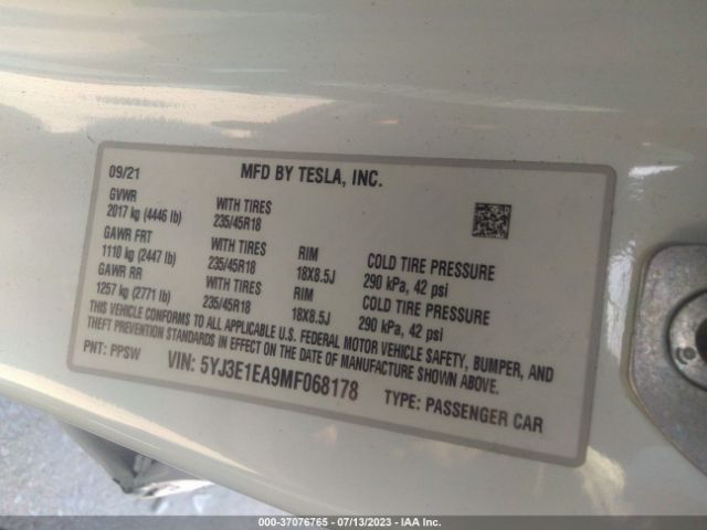 5YJ3E1EA9MF068178 Tesla Model 3 Standard Range Plus