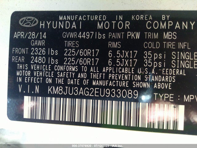 Hyundai TUCSON SE 2014 KM8JU3AG2EU933089 Image 10