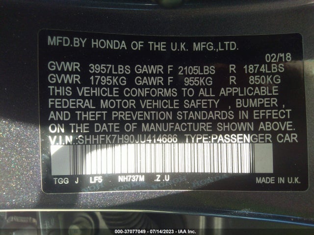 2018 HONDA CIVIC HATCHBACK SPORT TOURING VIN: SHHFK7H90JU414686