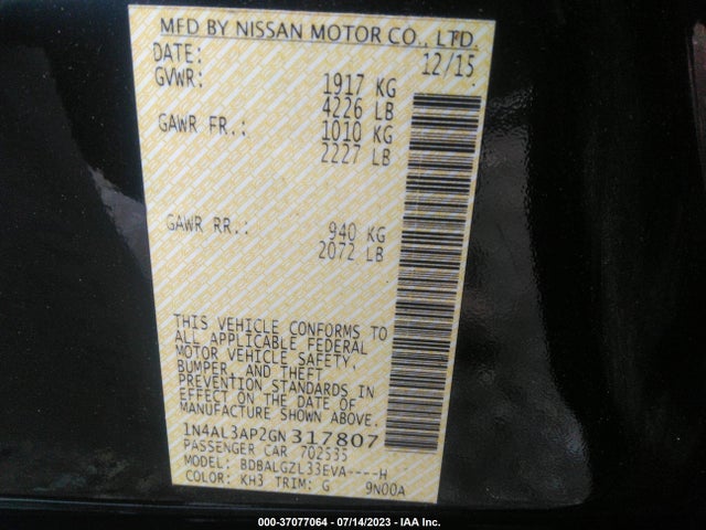 2016 NISSAN ALTIMA 2.5 S VIN: 1N4AL3AP2GN317807