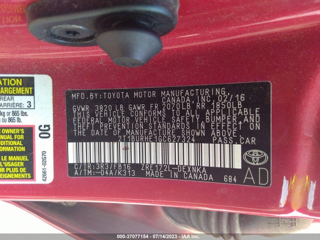 2016 TOYOTA COROLLA L/LE/S/S PLUS/LE PLUS VIN: 2T1BURHE1GC627324