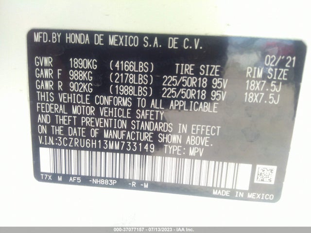 2021 HONDA HR-V SPORT VIN: 3CZRU6H13MM733149