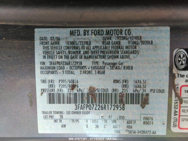 2006 FORD FUSION SE VIN: 3FAFP07Z26R172958
