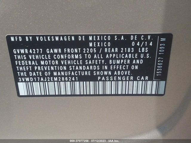 2014 VOLKSWAGEN JETTA SEDAN SE VIN: 3VWD17AJ2EM286241