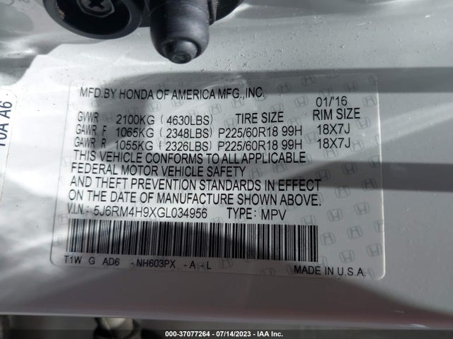 Honda Cr-v Touring 2016 5J6RM4H9XGL034956 Image 9