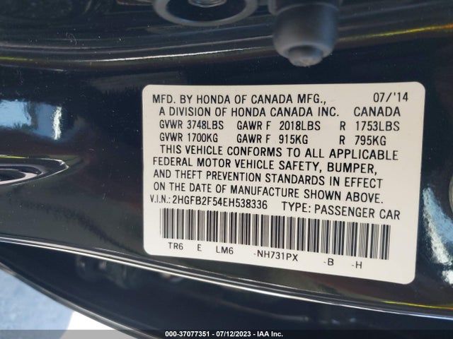 Honda Civic Sedan Lx 2014 2HGFB2F54EH538336 Image 9