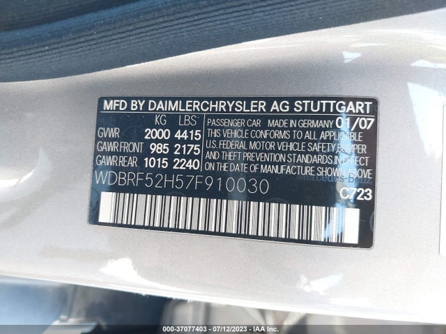 2007 MERCEDES-BENZ C-CLASS 2.5L SPORT VIN: WDBRF52H57F910030