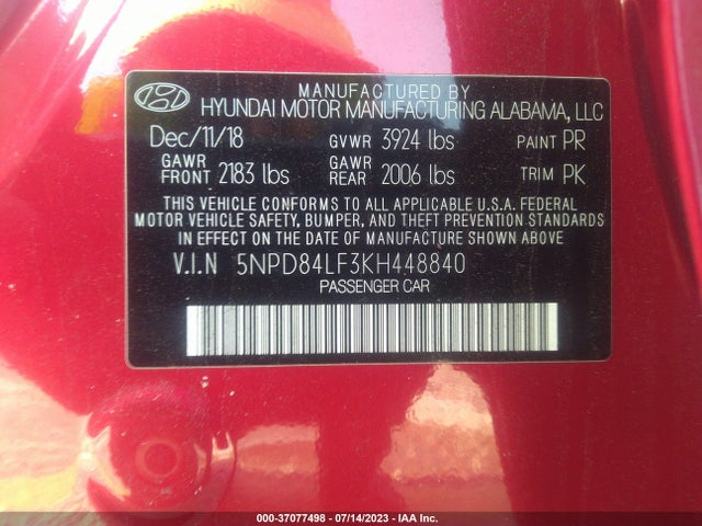 2019 HYUNDAI ELANTRA SEL VIN: 5NPD84LF3KH448840