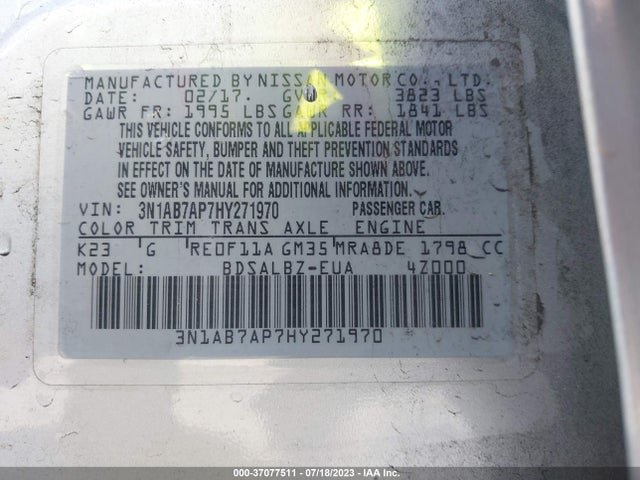 2017 NISSAN SENTRA S VIN: 3N1AB7AP7HY271970