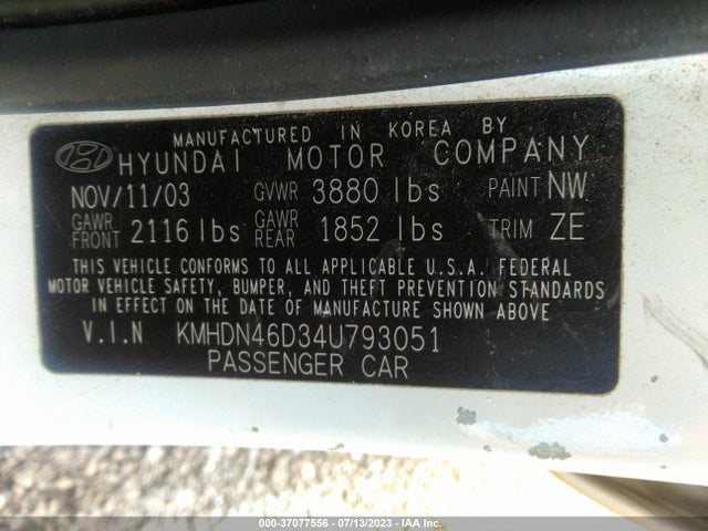 2004 HYUNDAI ELANTRA GLS/GT VIN: KMHDN46D34U793051