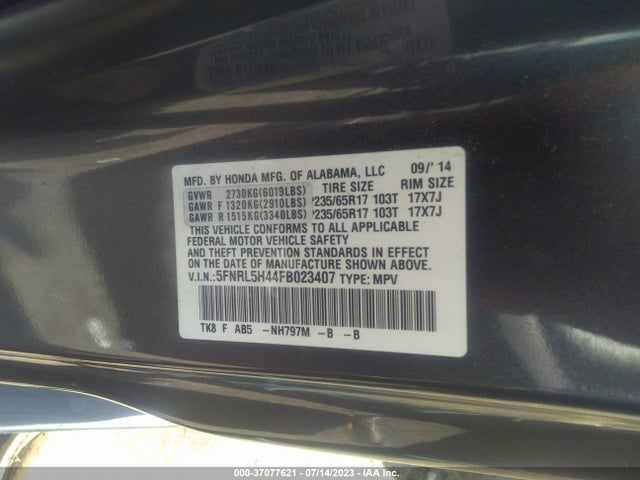Honda ODYSSEY EX 2015 5FNRL5H44FB023407 Image 9