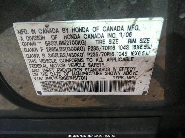 2007 HONDA PILOT EX-L VIN: 2HKYF18667H517011