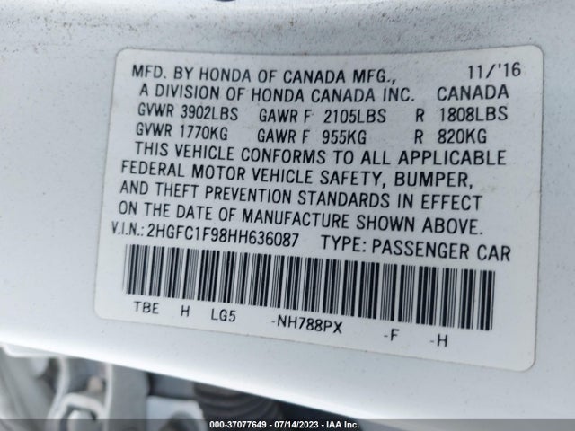 2017 HONDA CIVIC SEDAN TOURING VIN: 2HGFC1F98HH636087