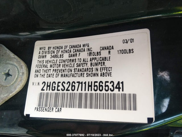 2001 HONDA CIVIC EX VIN: 2HGES26711H565341