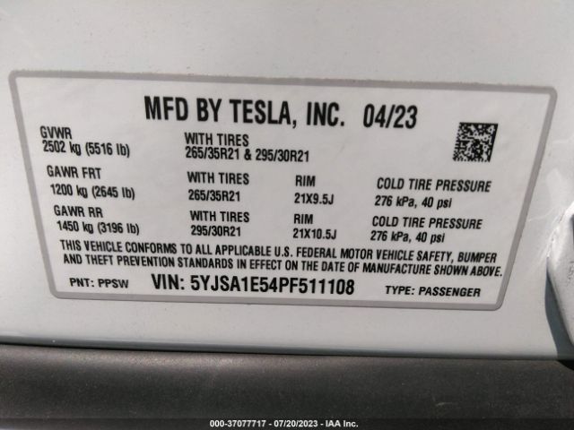 5YJSA1E54PF511108 Tesla Model S Dual Motor All-wheel Drive/standard Range