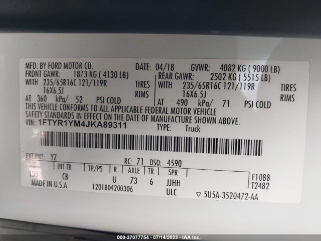 Ford TRANSIT VAN 2018 1FTYR1YM4JKA89311 Image 15