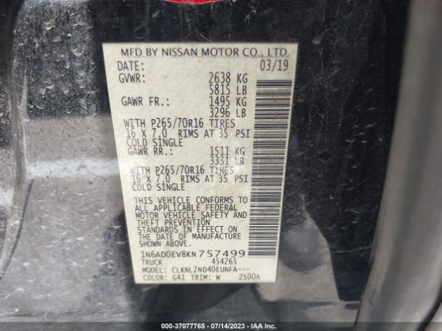 1N6AD0EV8KN757499 Nissan Frontier Sv