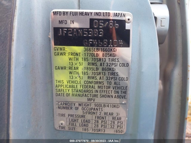 1986 SUBARU GL 4WD VIN: JF2AN53B3GF468104