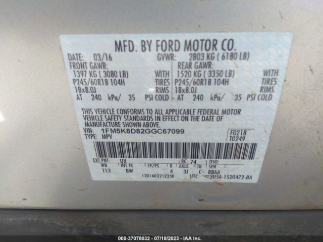 1FM5K8D82GGC67099 Ford EXPLORER XLT
