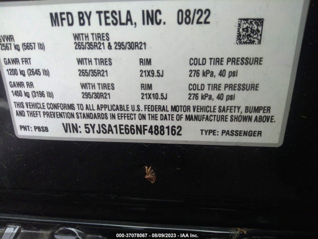 Tesla Model S Plaid 2022 5YJSA1E66NF488162 Image 9
