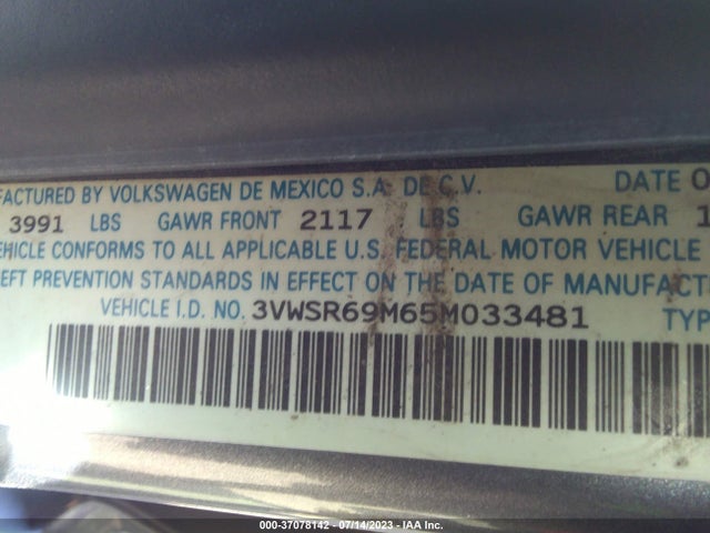 2005 VOLKSWAGEN JETTA SEDAN GLS VIN: 3VWSR69M65M033481