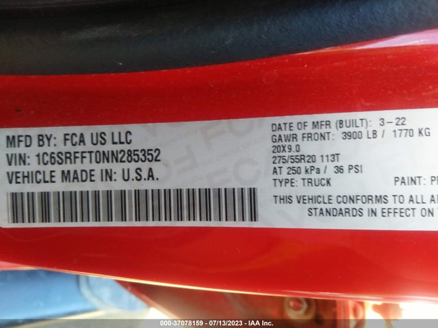 2022 RAM 1500 BIG HORN VIN: 1C6SRFFT0NN285352