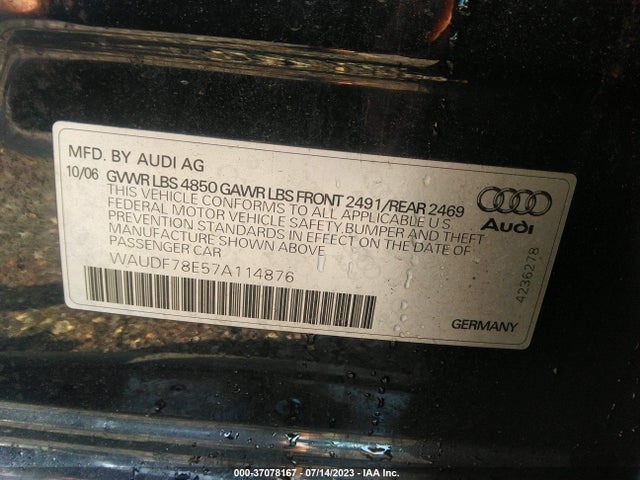 2007 AUDI A4 2.0T VIN: WAUDF78E57A114876