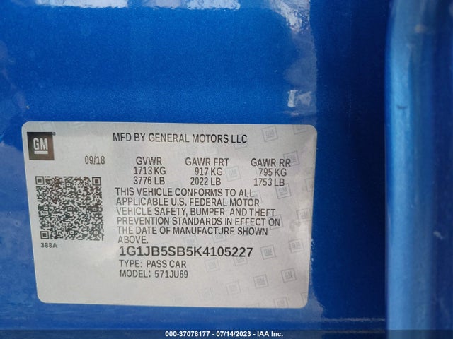 Chevrolet SONIC LS 2019 1G1JB5SB5K4105227 Image 9