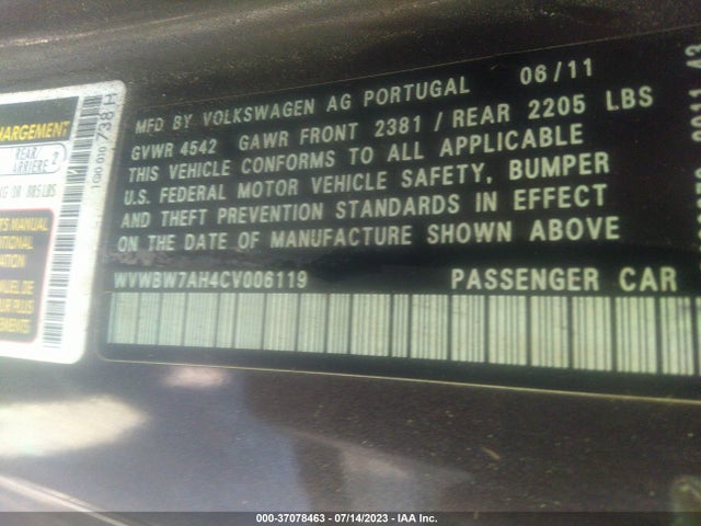 2012 VOLKSWAGEN EOS KOMFORT VIN: WVWBW7AH4CV006119