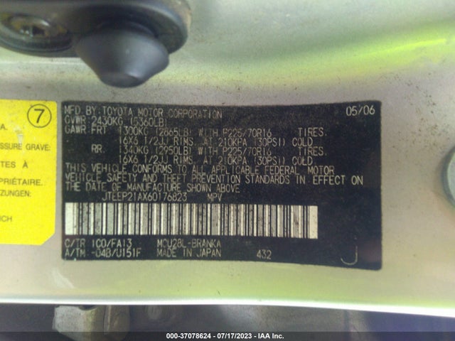 2006 TOYOTA HIGHLANDER W/3RD ROW/LIMITED W VIN: JTEEP21AX60176823