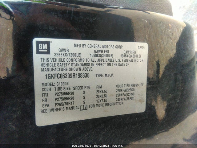 2009 GMC YUKON XL DENALI VIN: 1GKFC06209R198330