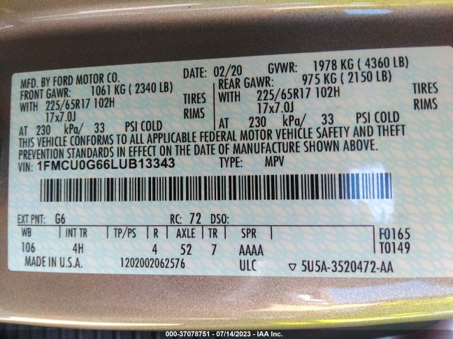 Ford ESCAPE SE 2020 1FMCU0G66LUB13343 Image 16