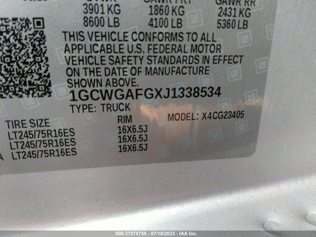 2018 CHEVROLET EXPRESS CARGO VAN VIN: 1GCWGAFGXJ1338534